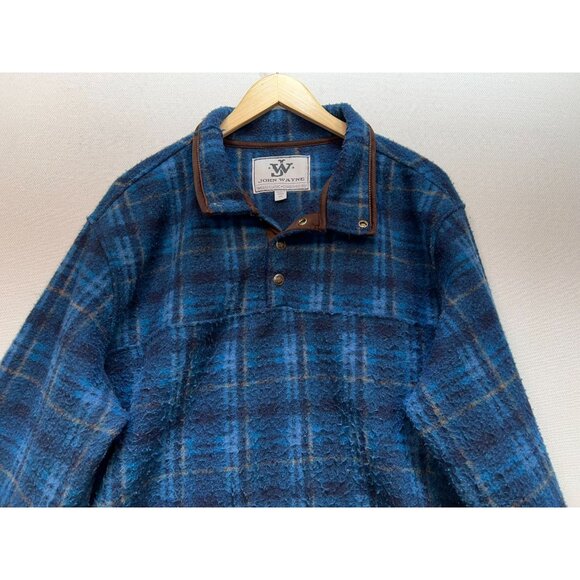 John Wayne Mens Pullover Shirt Jacket Size 2XL Blue Plaid Henley Flannel Cozy - Picture 4 of 13